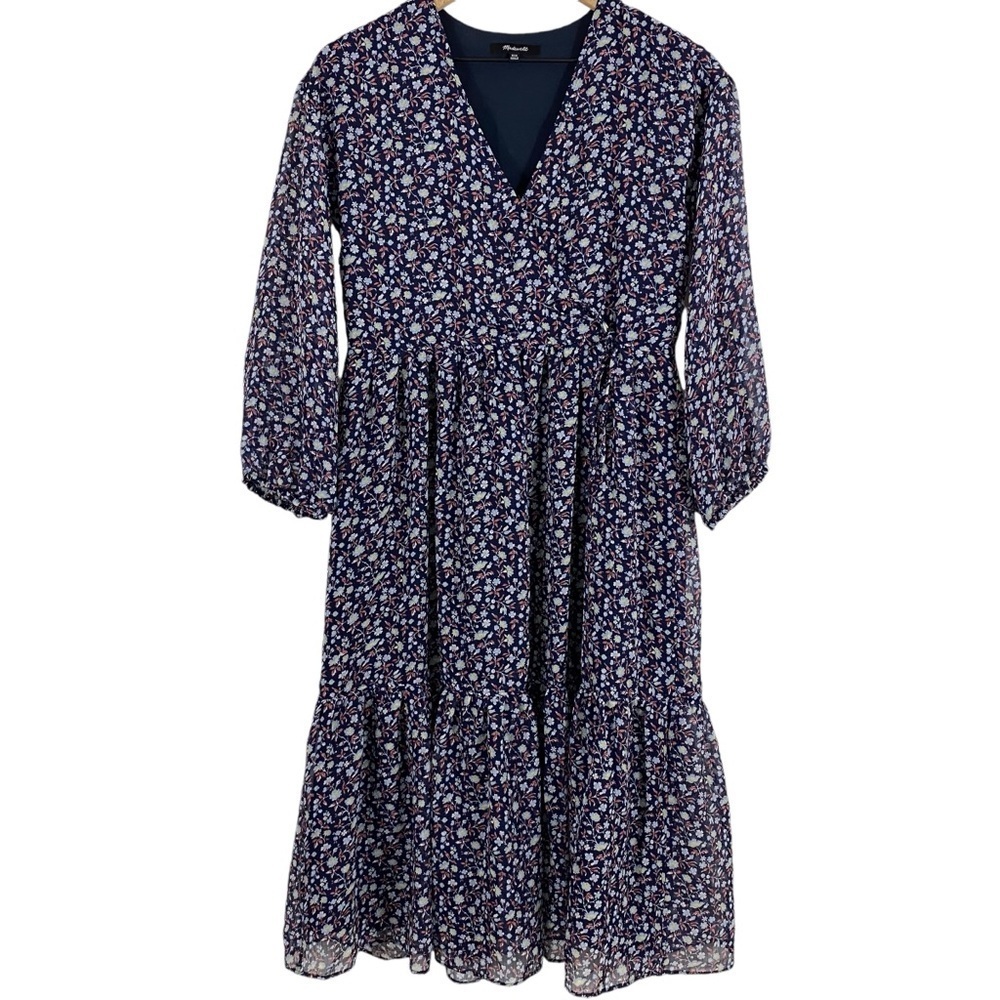 Madewell Tie-Waist Midi Dress Harvest Vine Blue Floral 2XS Sheer 3/4 Sleeve